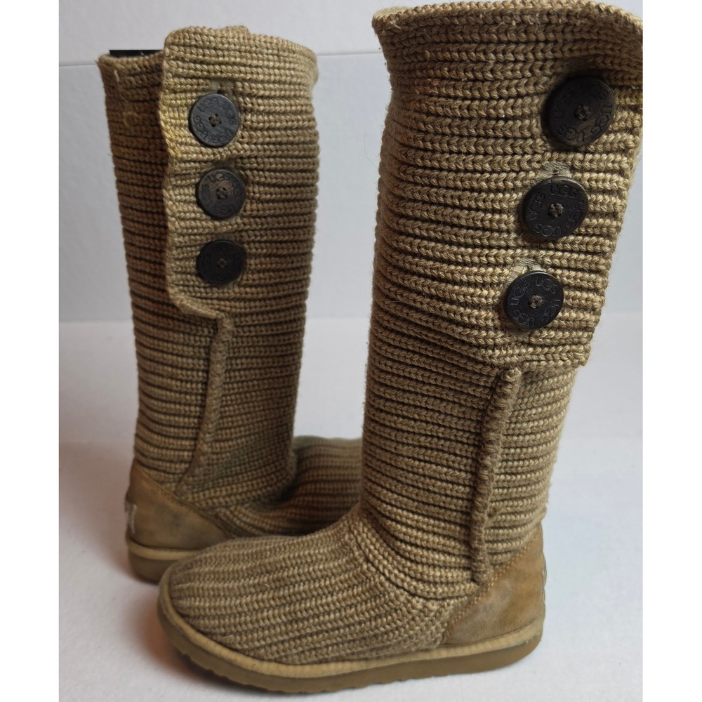 UGG Australia Lattice Cardy Tan Knit Tall Button Boots 5801 Womens Size 7W